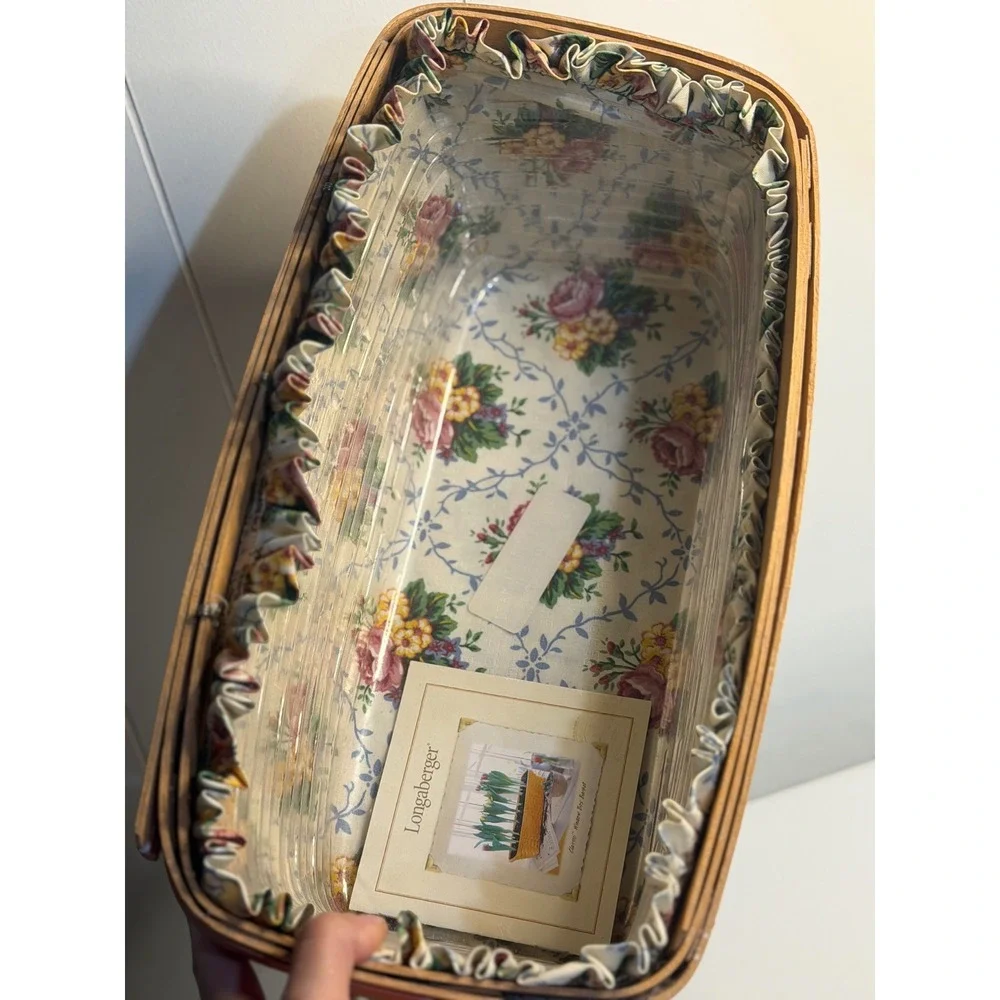 VTG Longaberger Vanity Basket Tan Pink Floral 1996 Mothers Day Liner Tray
